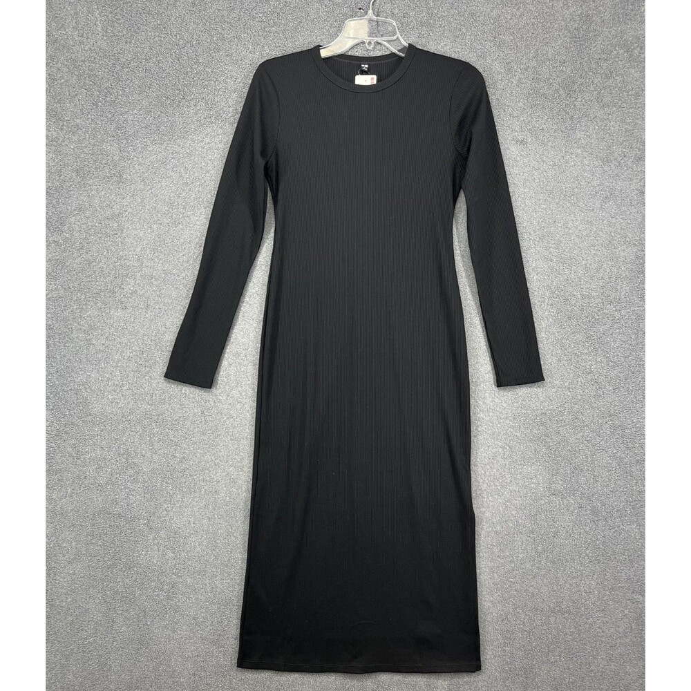 Uniqlo Dress Womens Small Black Ribbed Long Sleeve Knit Midi Crew Neck Stretch